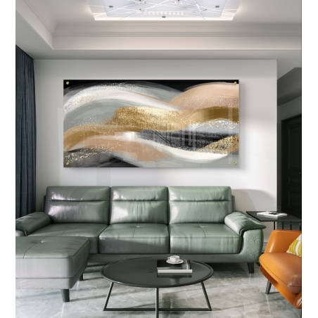 תמונת זכוכית לרוחב – עיצוב מופשט בצבעי זהב, בז’, שחור ולבן עם ברק יוקרתי, הדפסה חלקה מבית תכשיט לבית.