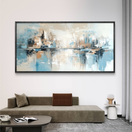 תמונת קנבס לרוחב עם עיצוב אבסטרקטי בגווני תכלת, בז', שחור ולבן, המדמה קו רקיע עירוני רך, מודפסת על קנבס חלק ואיכותי.