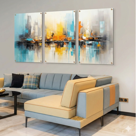 תמונת זכוכית שלושה חלקים לעיצוב סלון מודרני