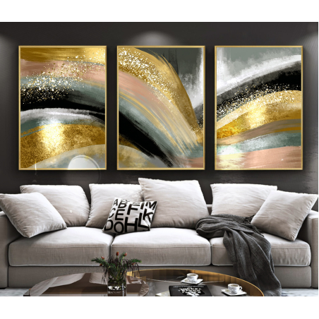 שלישיית תמונות קנבס מופשטות עם גווני זהב, שחור, ורוד עתיק ואפור-כחול – תכשיט לבית