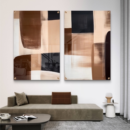 זוג תמונות זכוכית בגוונים חומים ושחורים בעיצוב מופשט מודרני, מתוך קולקציית תכשיט לבית