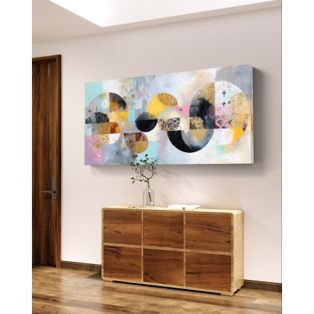 תמונת קנבס גאומטרית לרוחב בגווני זהב, שחור, ורוד ותכלת – הרמוניית המעגלים