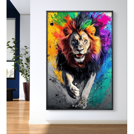 תמונת קנבס של אריה רץ עם רעמה בצבעים עזים בסגנון מודרני, מתוך הקולקציה של תכשיט לבית.