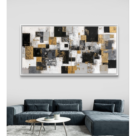 תמונת קנבס אבסטרקטית עם בלוקים גיאומטריים בגווני שחור, לבן, אפור וזהב