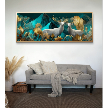קנבס רחב לסלון עם זוג איילים לבנים ונוף אבסטרקטי עשיר בצבעים עמוקים.