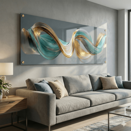 תמונת זכוכית פנורמית עם גל אבסטרקטי בגווני טורקיז וזהב בעיצוב מודרני ויוקרתי