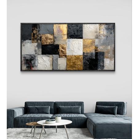 תמונת קנבס לרוחב בסגנון פסיפס מודרני בגווני שחור אפור ולבן עם פרטי זהב – תכשיט לבית