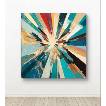 תמונת קנבס אבסטרקטית עם התפרצות צבעים בגווני כחול, טורקיז, זהב ואדום, יצירה דינמית בעיצוב מודרני, מתאימה לכל חלל שמעוניין בהוספת אנרגיה ותנועה.