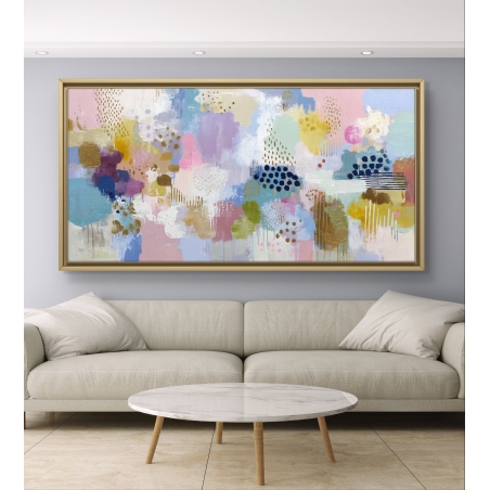תמונת קנבס אבסטרקט צבעונית לרוחב בגווני ורוד, תכלת, זהב וכחול – פנטזיית צבעים