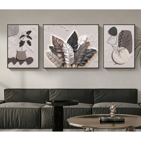 שלישיית קנבס בוטנית מינימליסטית בגווני אבן, אפור וטאופ – דגם RR3312