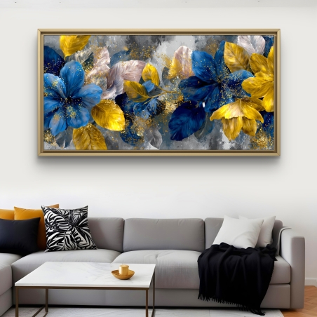 תמונת קנבס יוקרתית עם פרחים ועלים בגווני כחול, זהב וכסף בעיצוב מודרני מבית תכשיט לבית