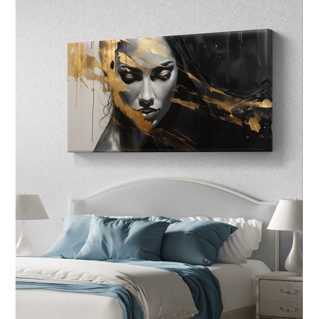 תמונת קנבס לרוחב עם דיוקן נשי בגווני שחור ולבן ונגיעות זהב בעיצוב מודרני ויוקרתי