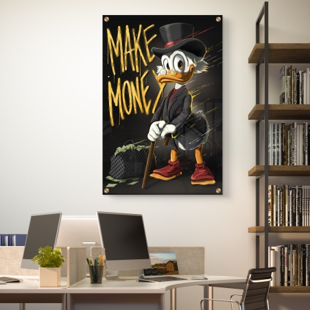 תמונת זכוכית MAKE MONEY עם דמות אייקונית בחליפה וכיתוב זהב יוקרתי