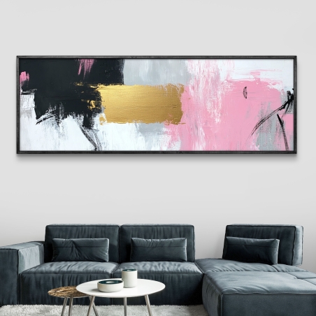 תמונת קנבס פנורמית מופשטת בצבעי שחור, ורוד, לבן וזהב – מתאימה לעיצוב מודרני של חללים רחבים