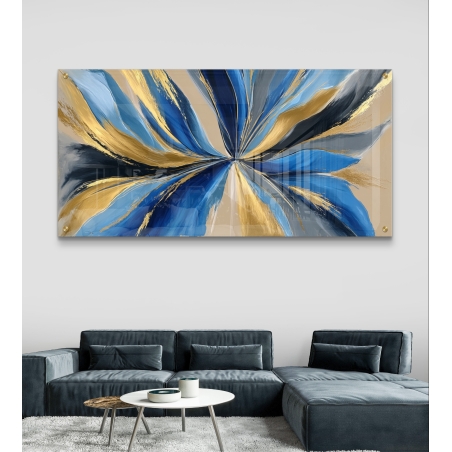 תמונת זכוכית לרוחב עם קווים מופשטים בגווני כחול, זהב, שחור ואפור, בהדפסה איכותית על זכוכית מבריקה.