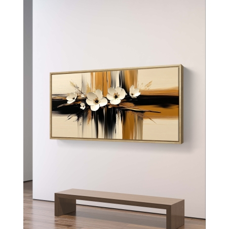 תמונת קנבס לרוחב עם פרחים לבנים על רקע מופשט בגווני זהב, שחור ובז'