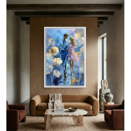 הליכה רומנטית בכחול – תמונת קנבס זוגית בגווני כחול, ורוד וזהב | CY1215