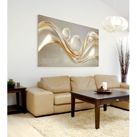 תמונת זכוכית לרוחב עם גלים מוזהבים ואלמנטים עגולים בעיצוב מודרני ויוקרתי מתוך קולקציית תכשיט לבית.