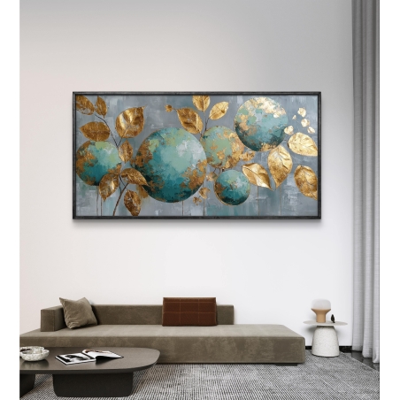 תמונת קנבס יוקרתית עם עלים ועיגולים בגווני טורקיז וזהב בעיצוב מודרני מבית תכשיט לבית