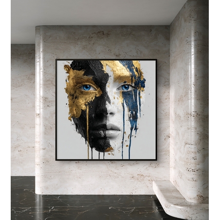 תמונת קנבס מרובעת עם דיוקן נשי אבסטרקטי בשחור ולבן, נגיעות זהב וכחול, הדפסה חלקה ללא תבליט
