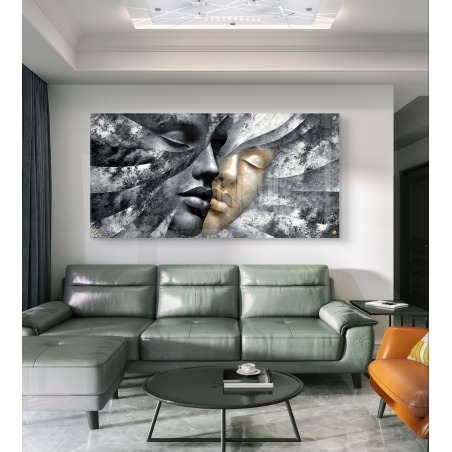 תמונת זכוכית יוקרתית עם שני פרצופים בגווני אפור וזהב בעיצוב אומנותי ומודרני מבית תכשיט לבית