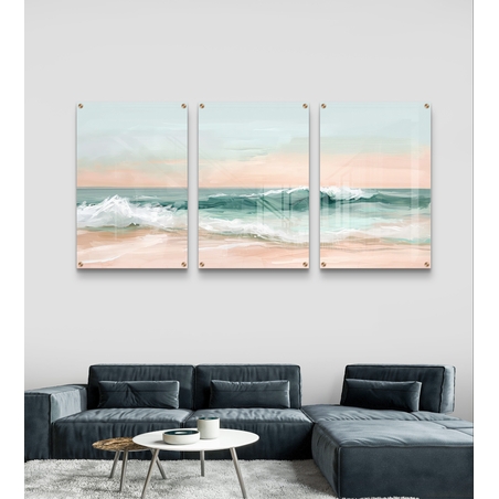 שלשת תמונות זכוכית חוף פסטלי בגווני טורקיז, שמנת ואפרסק – דגם GG5471