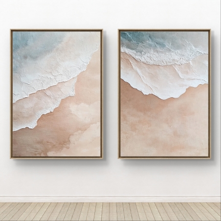 זוג תמונות קנבס עם עיצוב דמוי שליכט בגווני חול וכחול, בהשראת חוף הים, מתאים לחללי סלון, משרד או חדר שינה, מקולקציית NEXTGEN.