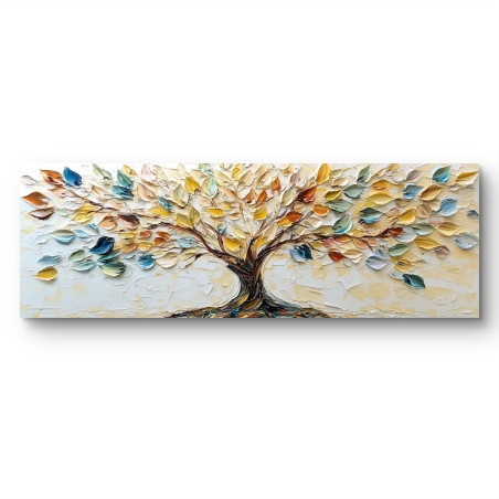 תמונת קנבס פנורמית של עץ עם עלים צבעוניים תלת-ממדיים, עיצוב מודרני מקולקציית תכשיט לבית