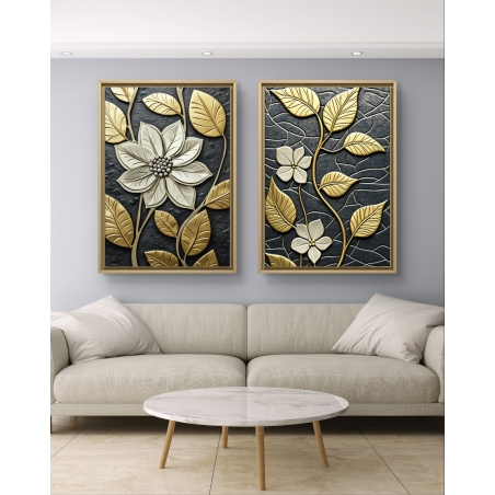 זוג תמונות קנבס בעיצוב עלים ופרחים בגווני זהב ושמנת על רקע שחור – אמנות קיר מודרנית באיכות גבוהה