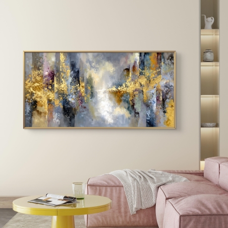 תמונת קנבס אבסטרקט לרוחב בגווני כחול, אפור וזהב – שובל זהב בעיר הסמויה