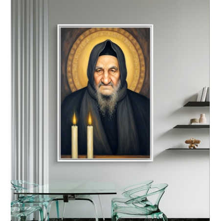 תמונת קנבס אומנותית של הבבא סאלי עם הילה זהובה ושתי נרות דולקים, מסמלת קדושה, ברכה ואור רוחני, מתאימה לבתים יהודיים, בתי כנסת ולמקומות של השראה ואמונה.