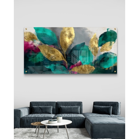 תמונת זכוכית לרוחב עם עלי זהב ורקע טורקיז אבסטרקטי – תכשיט לבית