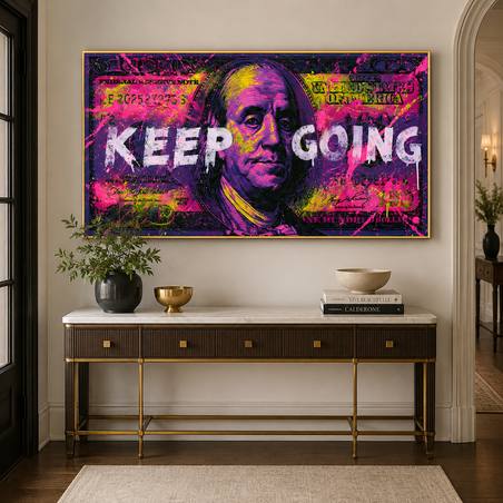 תמונת קנבס רחבה עם מסר Keep Going בסגנון פופ ארט למשרד