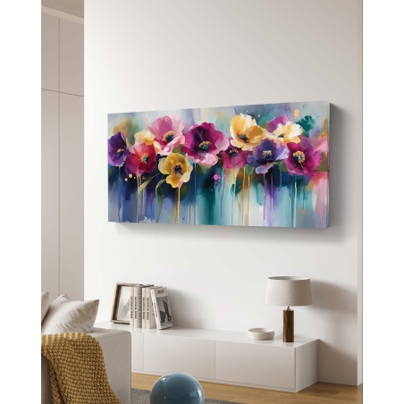 תמונת קנבס רחבה עם פרחים בגוונים צבעוניים של ורוד, סגול, צהוב וכחול במראה אמנותי המתאים לעיצוב מודרני.
