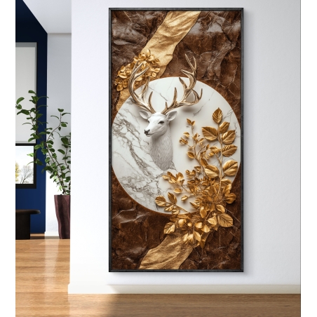 תמונת קנבס לאורך המציגה אייל מלכותי בגווני זהב ולבן, מוקף בפרחים מוזהבים על רקע שיש בגווני חום וזהב, מתאימה לחללים מעוצבים ומודרניים.