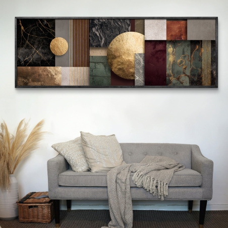 תמונת קנבס פנורמית גאומטרית בגווני זהב, בורדו ושחור – פסיפס זהב מודרני