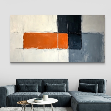 תמונת קנבס מודרנית עם צורות גאומטריות בגווני כתום, אפור כהה, אפור בהיר ולבן – מתוך קולקציית תכשיט לבית לעיצוב מוקפד ומרשים.