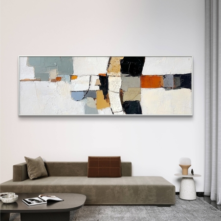 תמונת קנבס פנורמית בסגנון מופשט, עם קווים אלגנטיים וצבעים מאוזנים, מתאימה לקירות רחבים ולחללים המעוצבים בקו נקי ומודרני.