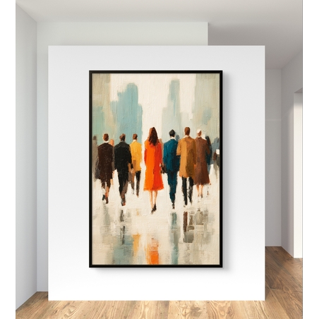 ציור קנבס אורבני בסגנון מודרני עם אנשים בתנועה והשתקפות רכה