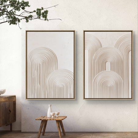 זוג תמונות קנבס עם עיצוב מינימליסטי של קווים מעגליים, טקסטורה המדמה שליכט אלגנטי מקולקציית NEXTGEN.