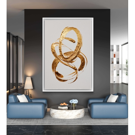 תמונה עומדת על קנבס עם תנועה מופשטת בגוון זהב על רקע בהיר, הדפסה חלקה ואיכותית, מתוך קולקציית תכשיט לבית