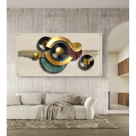 תמונת זכוכית לרוחב עם עיצוב גיאומטרי – מעגלים וקווים בגווני זהב, שחור וירוק על רקע בהיר