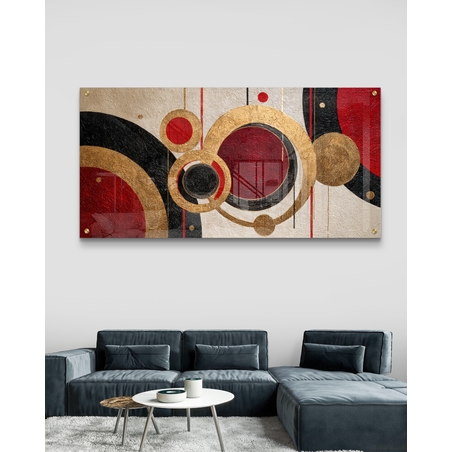 תמונת זכוכית לרוחב בעיצוב גאומטרי עם מעגלים בגווני זהב, אדום ושחור – תכשיט לבית