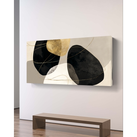 תמונת קנבס לרוחב בעיצוב אבסטרקט מודרני עם צורות שחורות, אפורות ולבנות משולבות בקווים עדינים בצבע זהב, בהדפסה חלקה ואיכותית מבית תכשיט לבית.