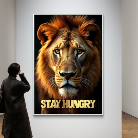 תמונת קנבס של אריה מביט קדימה עם טקסט Stay Hungry בצבע זהב, מתוך קולקציית M-X ART לעיצוב מעורר השראה