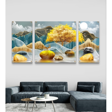 תמונת זכוכית מחולקת לשלושה חלקים עם נוף הרים כחולים, עץ מוזהב ואיילים – עץ הזהב בהרים