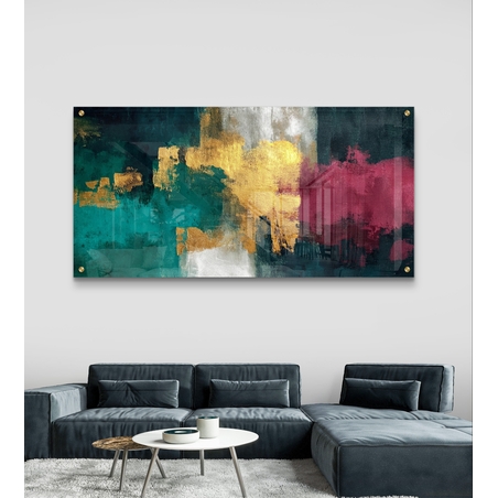 תמונת זכוכית אבסטרקטית לרוחב בגווני ירוק, כחול וזהב בעיצוב מודרני ויוקרתי לסלון