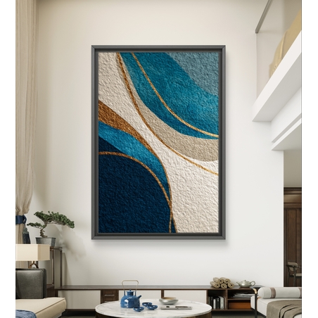 תמונת קנבס מופשטת בגווני כחול וזהב עם קווים זורמים והדפסה חלקה