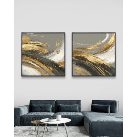 זוג תמונות קנבס מרובעות בעיצוב אבסטרקטי בצבעי שחור, לבן וזהב עם משיחות צבע זורמות, מודפסות על קנבס חלק ואיכותי.