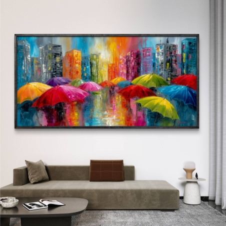 תמונת קנבס לרוחב של מטריות צבעוניות בעיר מודרנית עם גורדי שחקים, הדפסה חלקה ואיכותית מבית תכשיט לבית.